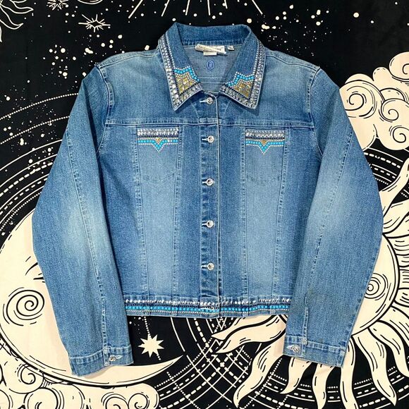 Christine Alexander Jackets & Blazers - Christine Alexander Jacket Women XL Blue Cotton Denim Basic Embellished Stretch
